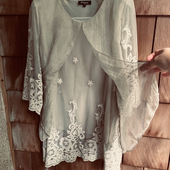 PAPA VANCOUVER SizeM Layered Organza Mesh Fully Embroidered Blouse Tunic Y2K 90s - Picture 5 of 14